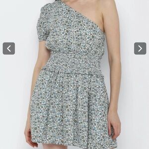 American Eagle One Shoulder Floral Smocked Mini Dress Blue Green 1399-6698 L